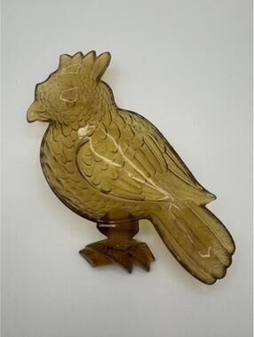 Vintage Amber Glass Bird Dish Cardinal Parrot Pressed Glass Trinket Plate